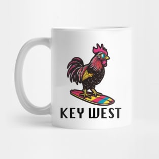 Key West Florida - Surfing Rooster (with Black Lettering) Mug